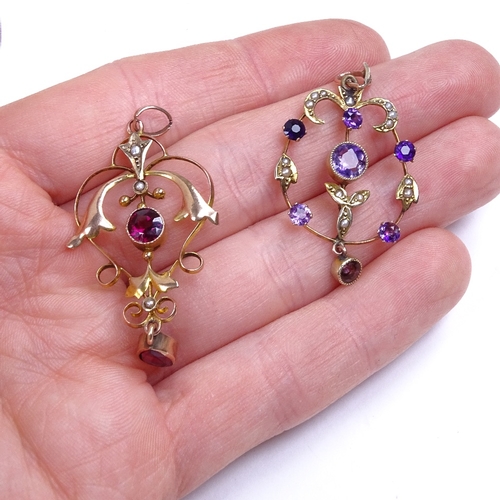 773 - 2 early 20th century Art Nouveau 9ct gold amethyst and split pearl pendants, openwork floral decorat... 