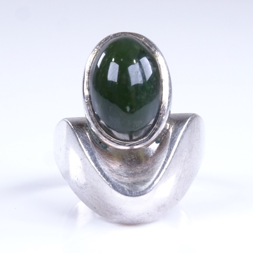 774 - A Vintage Scandinavian sterling silver cabochon green stone stylised ring, stamped Kaare, setting he... 