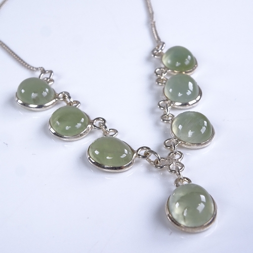 775 - A modern sterling silver cabochon green agate line necklace, necklace length 44cm, 9g