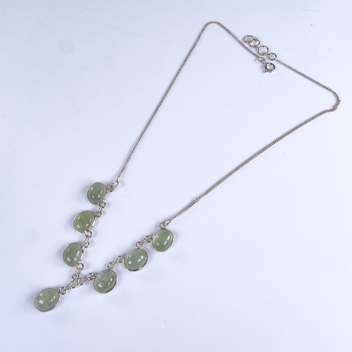 775 - A modern sterling silver cabochon green agate line necklace, necklace length 44cm, 9g