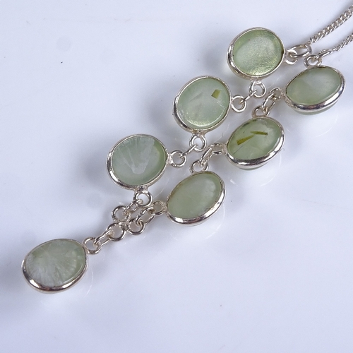 775 - A modern sterling silver cabochon green agate line necklace, necklace length 44cm, 9g