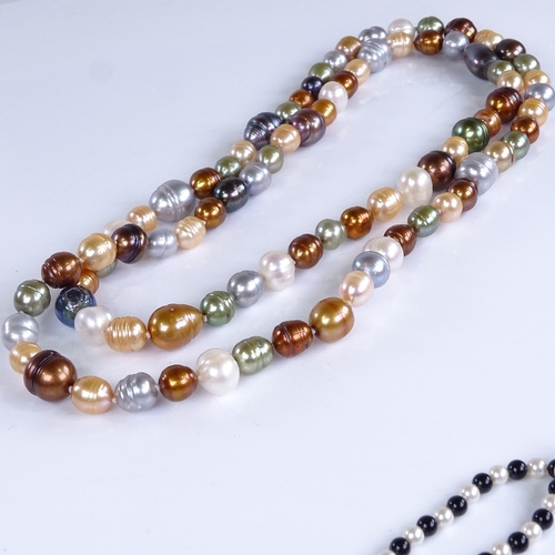 776 - A graduated pair of onyx and cultured pearl bead necklaces with 9ct gold clasps, and a multi-colour ... 