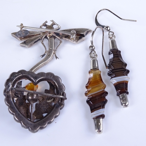 778 - Various jewellery, including Scottish thistle design silver banded agate and citrine heart brooch, p... 