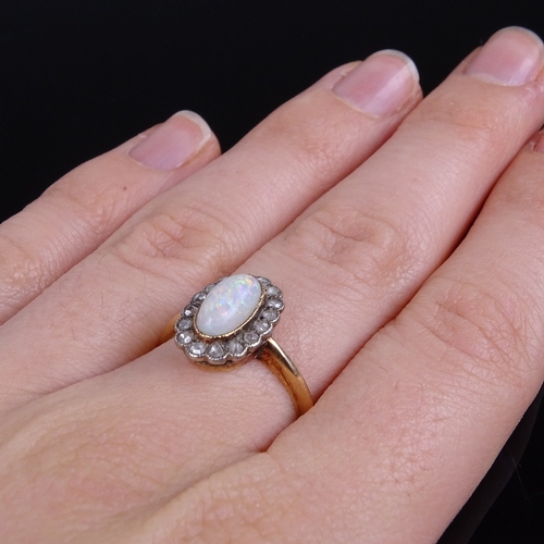 781 - An 18ct gold cabochon opal and rose-cut diamond cluster dress ring, setting height 14.4mm, size O, 2... 