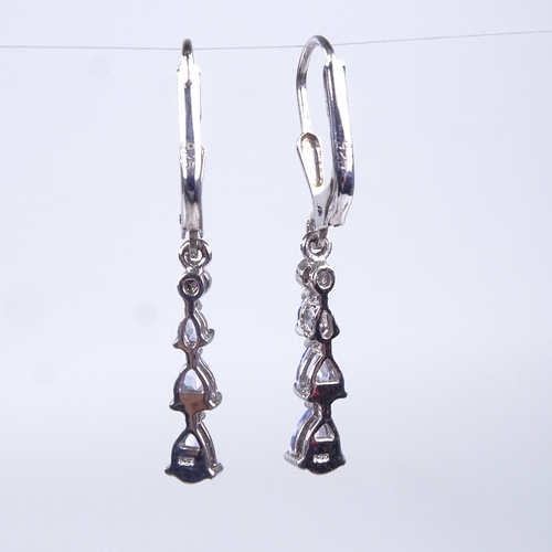 783 - A modern pair of sterling silver pear-cut tanzanite and diamond pendant earrings, earring height exc... 