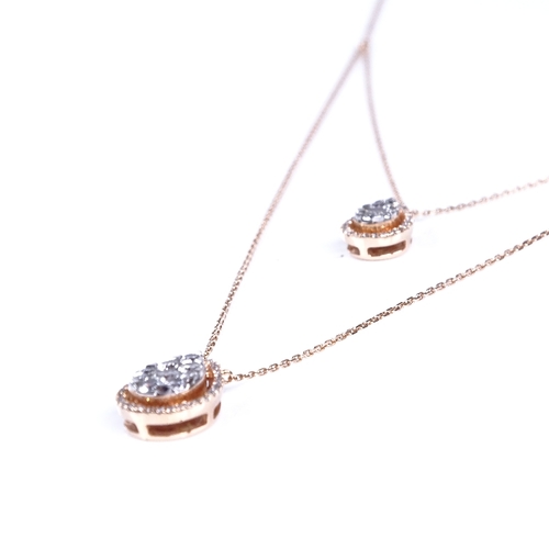 797 - A modern 18ct rose gold diamond cluster Toi et Moi pear-shape double-pendant necklace, total diamond... 