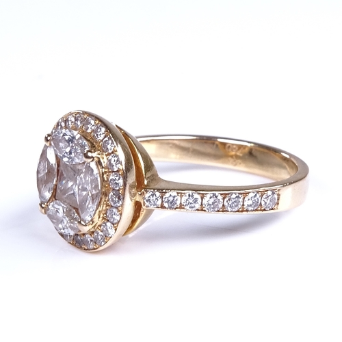 798 - A modern 18ct gold diamond cluster halo ring, set with Princess marquise and round brilliant-cut dia... 