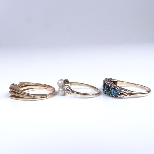 800 - 3 gold stone set rings, comprising 14ct blue topaz (size L, 3.2g), 9ct pearl and diamond crossover (... 