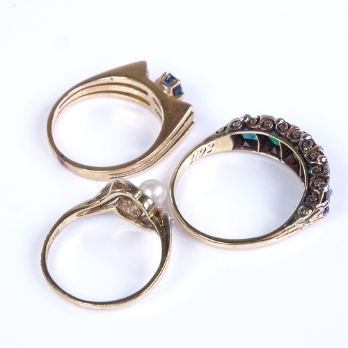 800 - 3 gold stone set rings, comprising 14ct blue topaz (size L, 3.2g), 9ct pearl and diamond crossover (... 