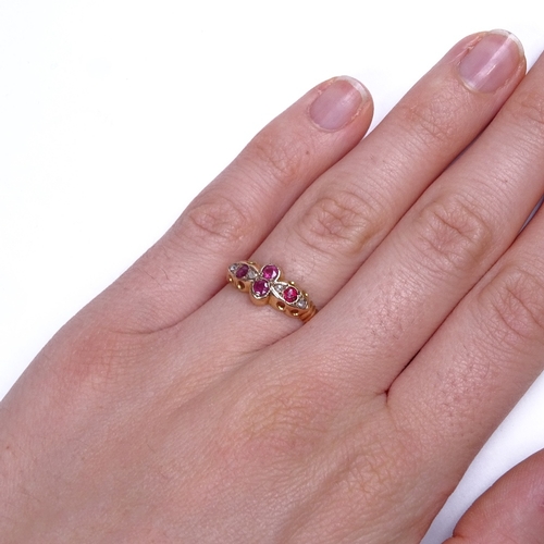 801 - An early 20th century 9ct rose gold ruby and diamond half hoop ring, setting height 7.9mm, size M, 1... 