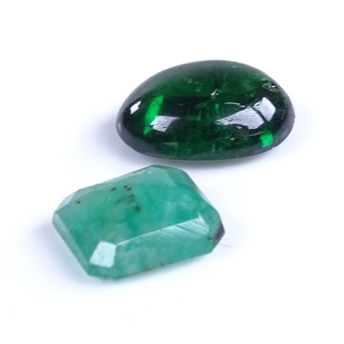 802 - 2 loose emerald gemstones, comprising emerald step-cut (6.33mm x 5.67mm x 2.82mm), and cabochon exam... 