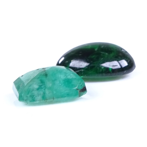 802 - 2 loose emerald gemstones, comprising emerald step-cut (6.33mm x 5.67mm x 2.82mm), and cabochon exam... 