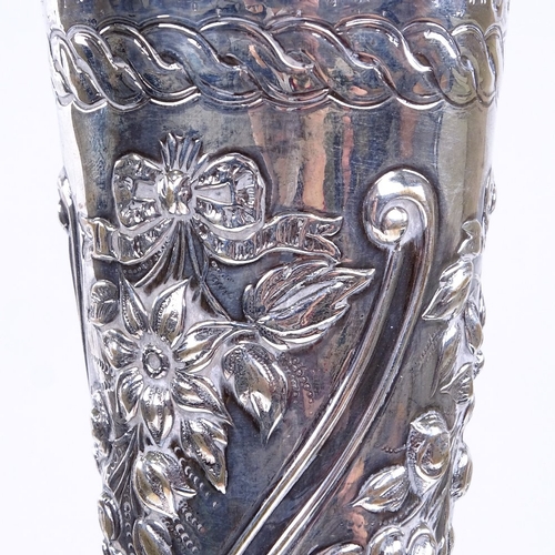 808 - A Victorian silver spill vase, tapered cylindrical form with relief embossed floral decoration, by W... 