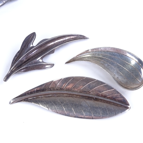 862 - HERMANN SIERSBOL - 5 Danish sterling silver leaf brooches, including amber example, largest length 6... 