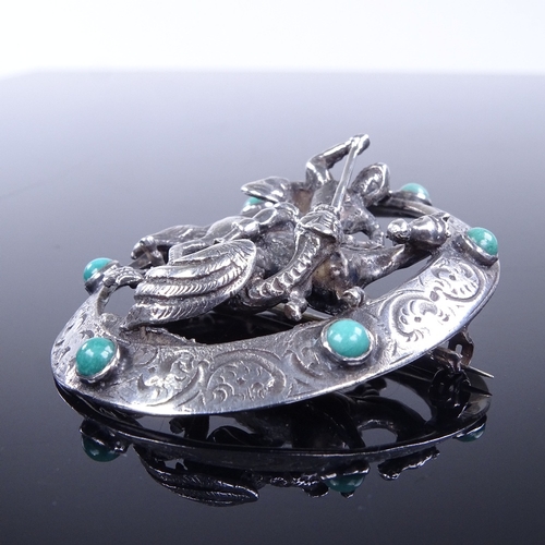 864 - A mid-20th century cast-silver and cabochon turquoise George and the Dragon brooch, maker's marks HA... 