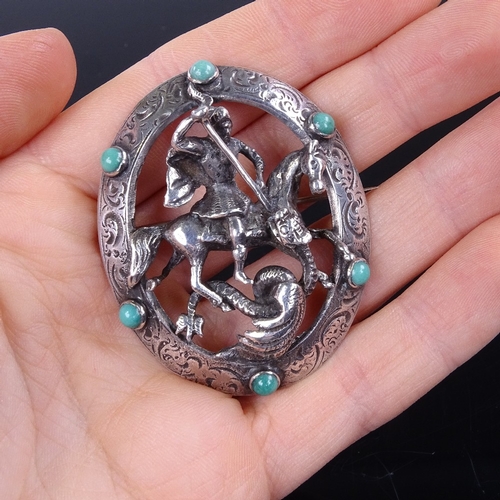 864 - A mid-20th century cast-silver and cabochon turquoise George and the Dragon brooch, maker's marks HA... 