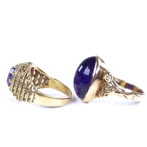 867 - 2 9ct gold and unmarked gold amethyst dress rings, sizes I and N, 10.4g total (2) (cabochon ring has... 