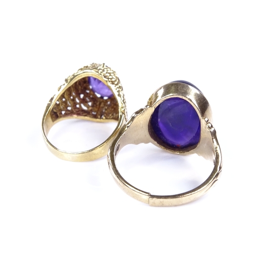 867 - 2 9ct gold and unmarked gold amethyst dress rings, sizes I and N, 10.4g total (2) (cabochon ring has... 