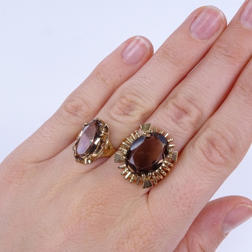 869 - 2 late 20th century 14ct and 9ct gold smoky quartz dress rings, both size M, 14ct - 7.1g, 9ct - 3.3g... 