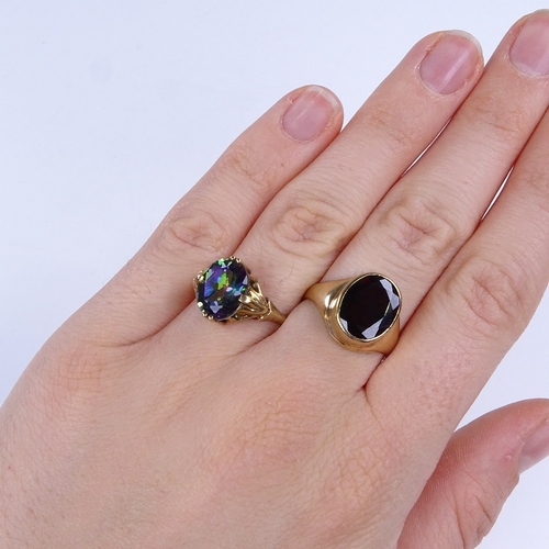 870 - 2 9ct gold stone set rings, stones include garnet and mystic topaz, sizes N and O respectively, 8.2g... 