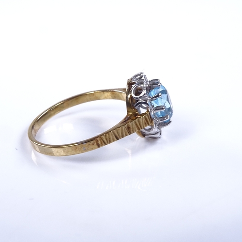 872 - A late 20th century 9ct gold blue topaz and diamond cluster matching ring and stud earring set, ring... 