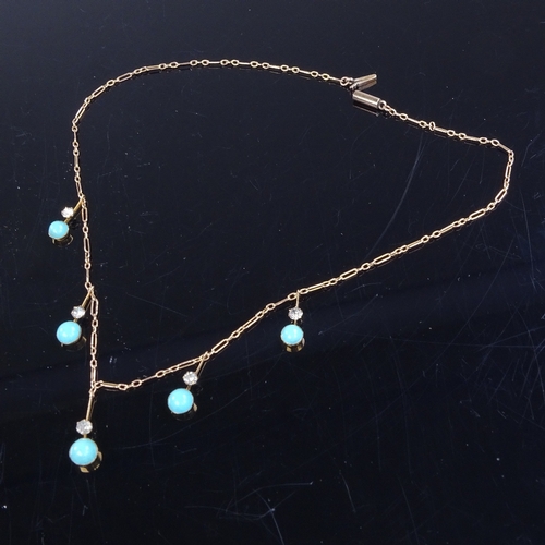 874 - A small Edwardian unmarked gold blue and white glass drop necklace, necklace length 34cm, 3.2g