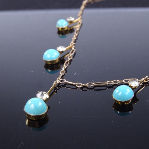 874 - A small Edwardian unmarked gold blue and white glass drop necklace, necklace length 34cm, 3.2g