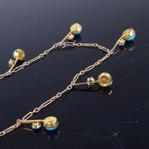 874 - A small Edwardian unmarked gold blue and white glass drop necklace, necklace length 34cm, 3.2g