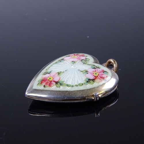 875 - A Vintage Continental silver and floral enamel heart-shaped locket pendant, pendant height excluding... 