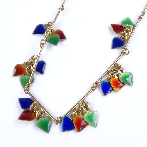 883 - An 18ct gold coloured enamel heart-drop collar necklace, by Fabor, necklace length 39cm, 14.1g