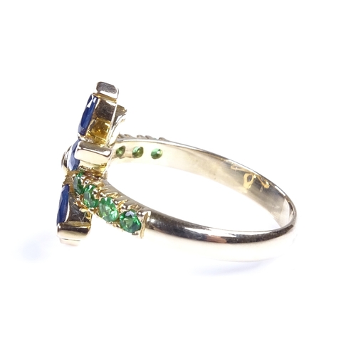 884 - A modern unmarked gold blue and yellow sapphire and tsavorite garnet floral dress ring, setting heig... 