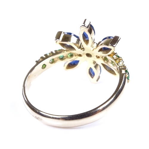 884 - A modern unmarked gold blue and yellow sapphire and tsavorite garnet floral dress ring, setting heig... 