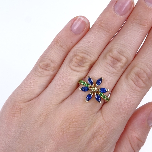 884 - A modern unmarked gold blue and yellow sapphire and tsavorite garnet floral dress ring, setting heig... 