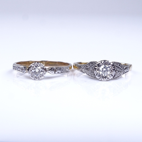 902 - 2 18ct gold solitaire diamond dress rings, sizes L and M, 4.3g total (2)