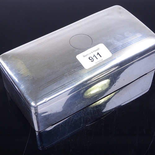 911 - A large George V rectangular silver cigarette box, striped engine turned lid with mahogany base, by ... 