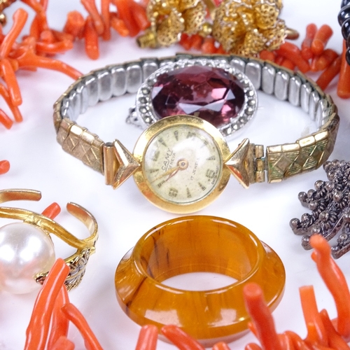 916 - Various jewellery, including 18ct gold cased Camy lady's wristwatch, coral necklace, painted porcela... 