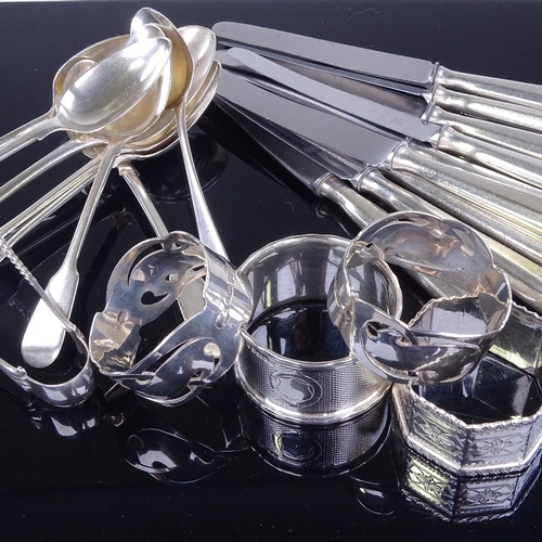 926 - Various silver and plate, including Georgian and Victorian silver teaspoons, napkin rings and set of... 