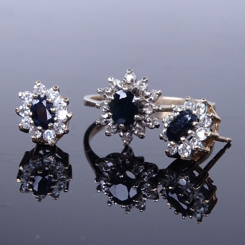 936 - A late 20th century 9ct gold sapphire and diamond cluster matching ring and stud earring set, ring s... 