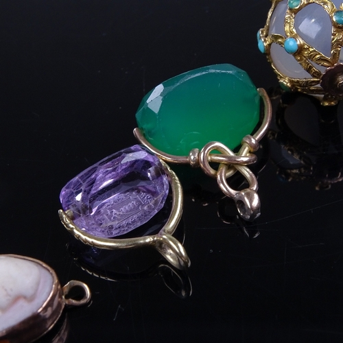 816 - Various gold-mounted fobs, including swivel amethyst seal fob inscribed Ann, turquoise-mounted orb p... 