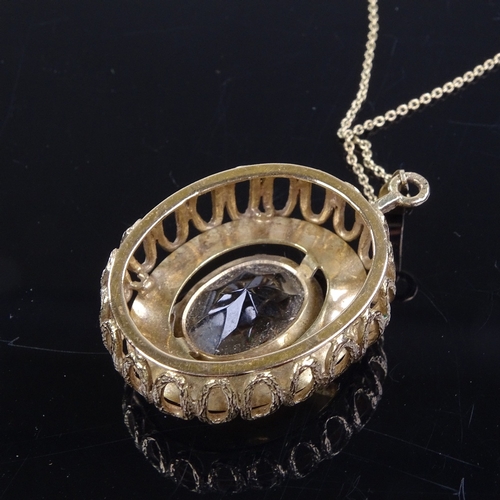 823 - A late 20th century 9ct gold smoky quartz pendant necklace on 9ct trace link chain, pendant height e... 