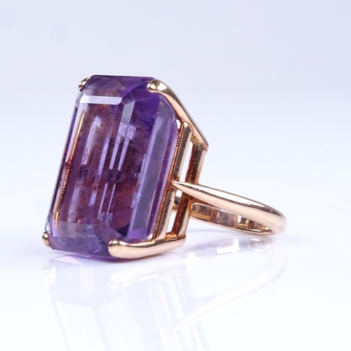 834 - A large late 20th century 14ct rose gold amethyst dress ring, amethyst length 21mm, size J, 10.8g