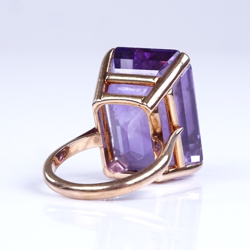 834 - A large late 20th century 14ct rose gold amethyst dress ring, amethyst length 21mm, size J, 10.8g