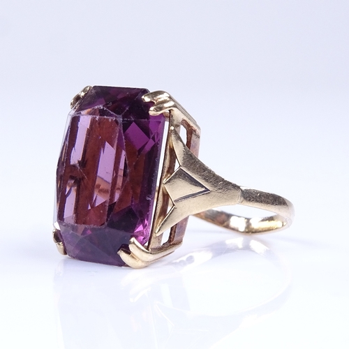 835 - A late 20th century 9ct gold amethyst dress ring, amethyst length 17.9mm, size N/O, 5.6g