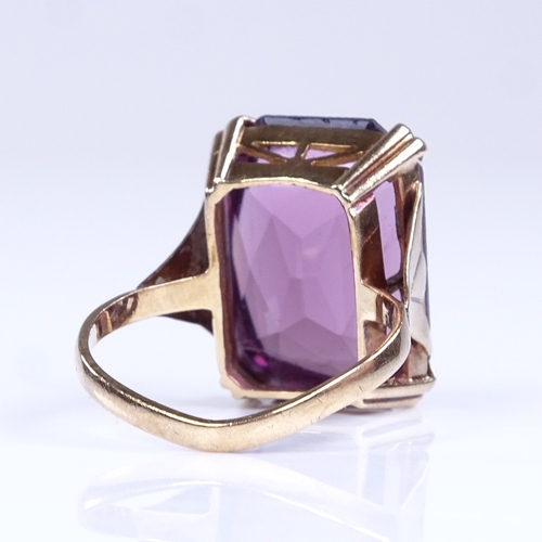 835 - A late 20th century 9ct gold amethyst dress ring, amethyst length 17.9mm, size N/O, 5.6g