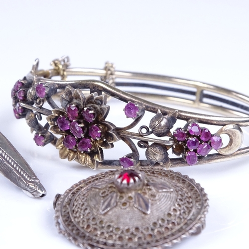 838 - Various jewellery, including unmarked silver-gilt ruby hinged bangle, Chinese silver finger ornament... 