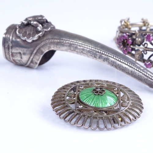 838 - Various jewellery, including unmarked silver-gilt ruby hinged bangle, Chinese silver finger ornament... 