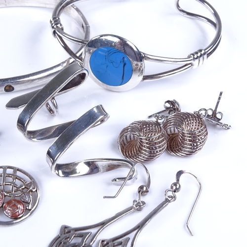 839 - Various Scandinavian jewellery, including Finnish silver and enamel earrings, Mexican silver bangle ... 