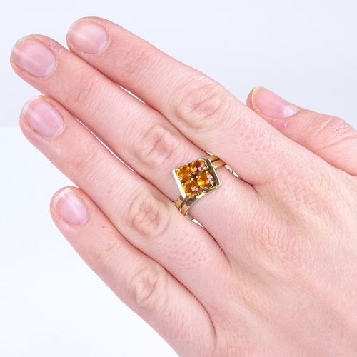 843 - A late 20th century 14ct gold 4-stone citrine dress ring, setting height 14.2mm, size W, 4.9g