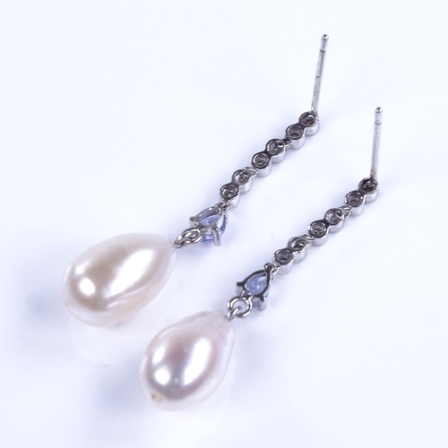 847 - A modern pair of unmarked white gold pearl tanzanite and diamond drop earrings, earring height 37.2m... 