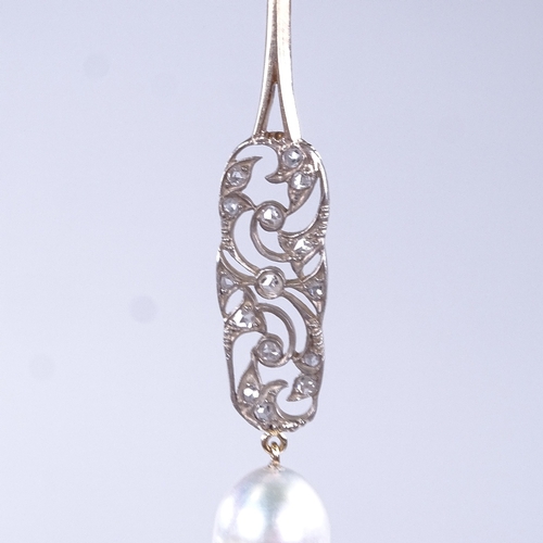 849 - A modern unmarked gold pearl and rose-cut diamond pendant, pendant height 61.7mm, 5.8g